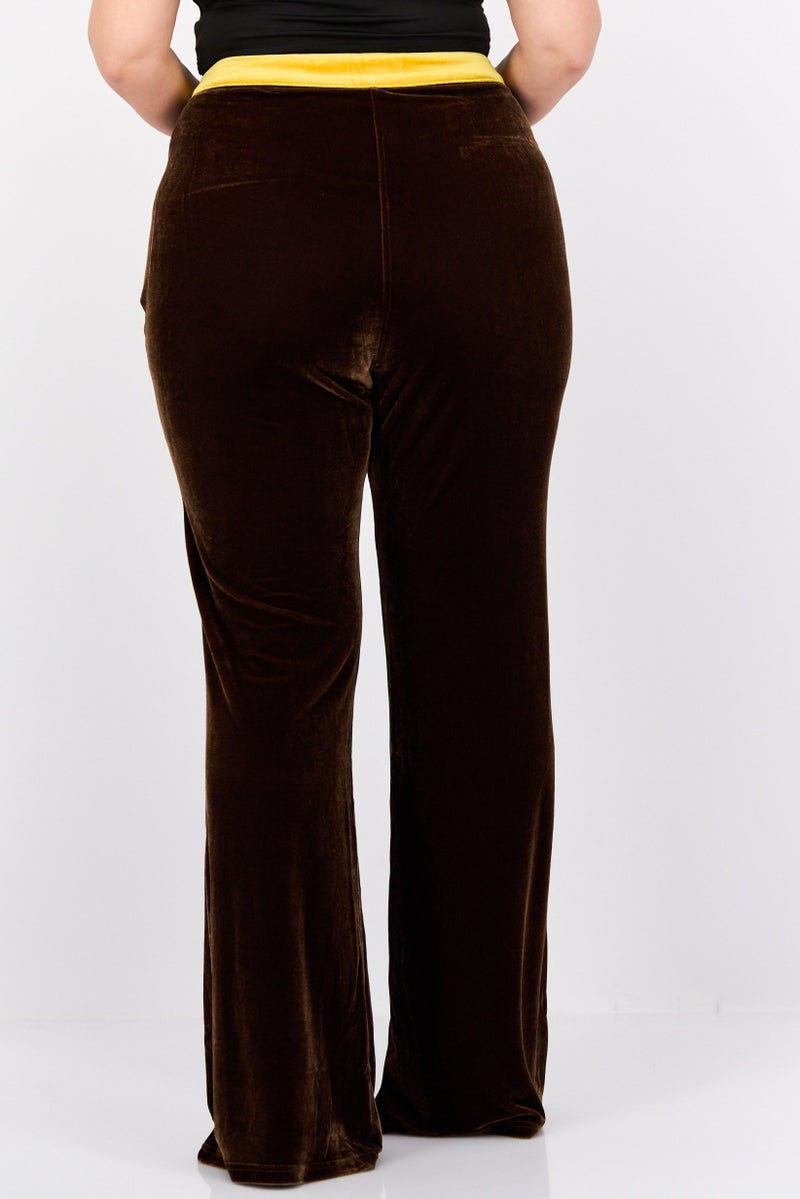 Labelrail x Franceska Perks Women Regular Fit Plain Velvet Wide Leg Pants, Brown - Image 3